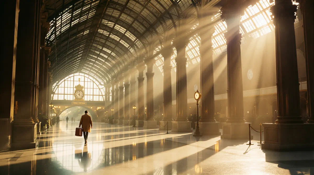 An empty Belle Époque station hall at golden hour, a single traveller walking away beneath the iron-and-glass roof